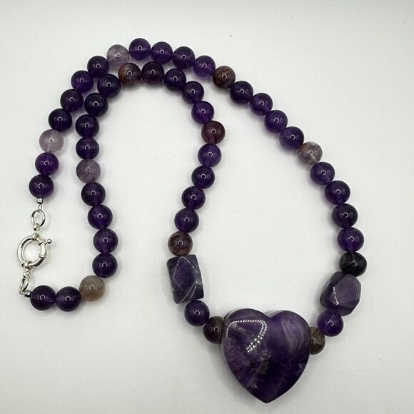 22" of ALL types of Amethyst beads, massive heart pendant necklace, 925 clasp! - Picture 9 of 15